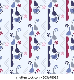 Abstract background with small flowers and vases. Vector illustration