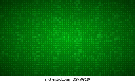 Abstract background of small squares or pixels of different sizes in green colors.