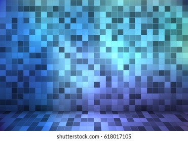 Abstract background with small tiles. Wall and floor in perspective. Blue illuminated squares. Universal geometric backdrop. Smooth color transition.