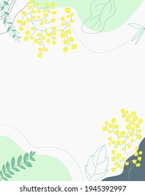 Abstract background with small yellow flowers and leaves and twigs on a white background for banners or invitations