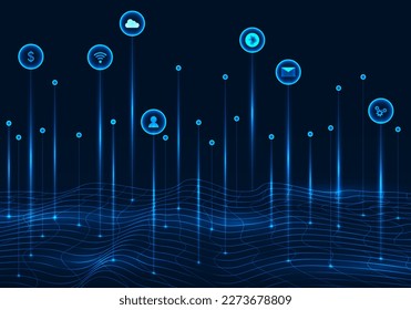 Abstract background smart technology wireless connection and data transmission in the cyber world to users on the Internet Use wave lines to connect. dark blue background