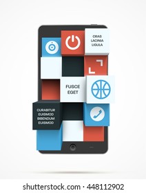 Abstract background with a smartphone. 3d cubes with copyspaces on the screen. Hi tech clean vector illustration. Nice presentation of infographic layout. Sample headers and icons.
