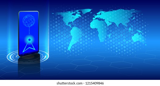 Abstract background with smartphone on global map on blue. Vector illustration.