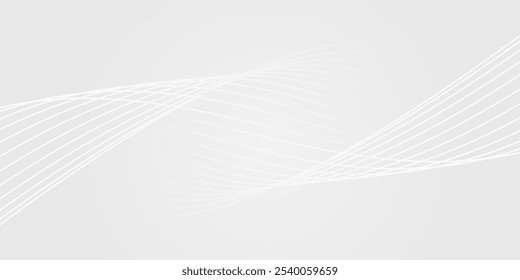 Abstract background with smooth, flowing white lines on a light grey gradient, creating a sense of calmness and fluidity. Vector illustration