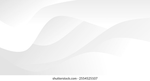Abstract background with smooth, flowing white waves on a gradient gray backdrop, creating a minimalist and modern look. Vector illustration