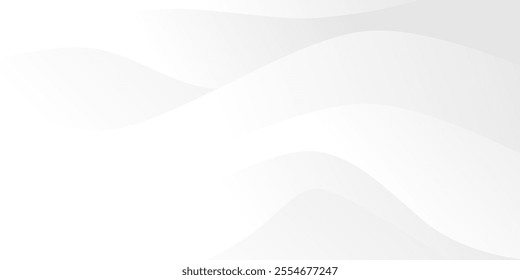 Abstract background with smooth, flowing white waves on a light grey backdrop, creating a sense of calmness and fluidity. Vector illustration