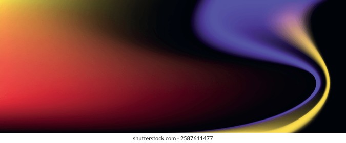 Abstract background with a smooth gradient background of black, red, yellow, and purple, featuring a flowing, wavy texture. Minimal abstract gradient curve vector background