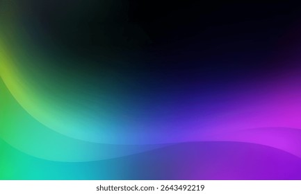 Abstract background with a smooth gradient transition from dark to light, with colors ranging from deep blue to vibrant purple, lilac, and green. The gradient's wavy lines create a soft, fluid effect.