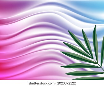 Abstract background. Smooth lines and a green leaf on a pink-blue background.