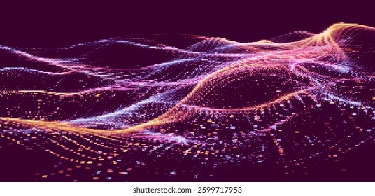 Abstract background with smooth shapes and flowing patterns of pixels in bright colors. Dynamic and modern design in tech style.