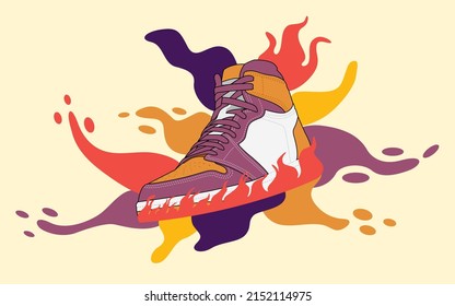 Abstract Background with Sneakers and Fluid Shapes in color. Vintage Style Vector Illustration