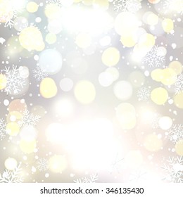 Abstract background with snow and snowflakes. Bokeh circles. Christmas background. Vector illustration.