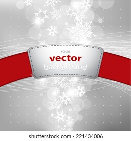 Abstract background with snowflakes and red stripe with plance for your text.