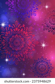 Abstract background with snowflakes and shining glare stars. Template, poster, postcards for holiday, New Year, Christmas. Vector illustration.