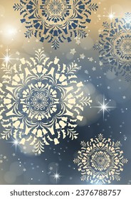 Abstrakter Hintergrund mit Schneeflocken und glänzenden Sternen. Vorlage, Poster, Postkarten für den Urlaub, Neues Jahr, Weihnachten. Vektorgrafik.