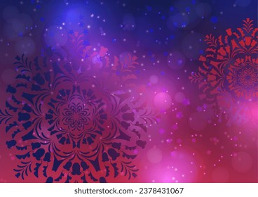Abstract background with snowflakes and shining glare stars. Template, poster, postcards for holiday, New Year, Christmas. Vector illustration.