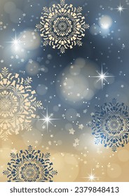 Abstract background with snowflakes and shining glare stars. Template, poster, postcards for holiday, New Year, Christmas. Vector illustration.