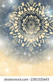 Abstract background with snowflakes and shining glare stars. Template, poster, postcards for holiday, New Year, Christmas. Vector illustration.