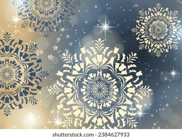 Abstract background with snowflakes and shining glare stars. Template, poster, postcards for holiday, New Year, Christmas. Vector illustration.
