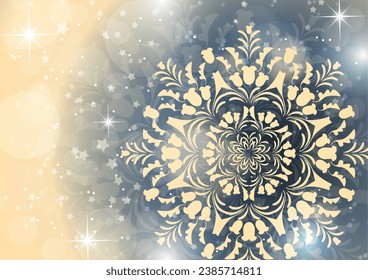 Abstract background with snowflakes and shining glare stars. Template, poster, postcards for holiday, New Year, Christmas. Vector illustration.