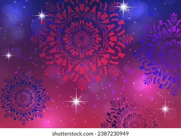 Fondo abstracto con copos de nieve y estrellas brillantes. Plantilla, afiche, postales para vacaciones, Año Nuevo, Navidad. Ilustración vectorial.