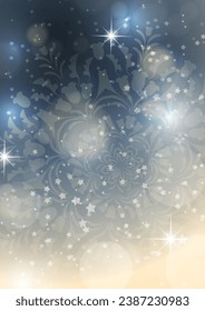 Abstract background with snowflakes and shining glare stars. Template, poster, postcards for holiday, New Year, Christmas. Vector illustration.