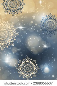 Abstract background with snowflakes and shining glare stars. Template, poster, postcards for holiday, New Year, Christmas. Vector illustration.