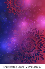 Abstract background with snowflakes and shining glare stars. Template, poster, postcards for holiday, New Year, Christmas. Vector illustration.