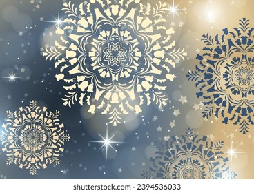 Abstract background with snowflakes and shining glare stars. Template, poster, postcards for holiday, New Year, Christmas. Vector illustration.
