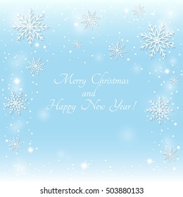 Abstract background with snowflakes and snow. It can be used as a template, poster, postcard, New Year, Christmas. Vector illustration.