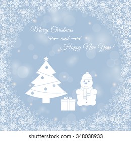 Abstract background with snowflakes, snowman with a gift and a Christmas tree. Template, poster, postcards for New Year, Christmas. Vector illustration.