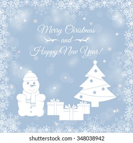 Abstract background with snowflakes, snowman with a gift and a Christmas tree. Template, poster, postcards for New Year, Christmas. Vector illustration.