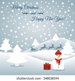 Abstract background with a snowman and Santa. Can be used greeting card, greetings, advertisement, template, poster in web design and printing. New Year, Christmas. Vector illustration