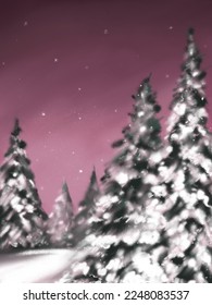 Abstract background with the snowy forest and the pink sky. Vector illustration