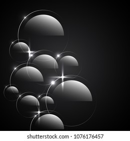 Abstract background. Soap bubbles on a dark background. Transparent shiny bubbles. Vector, eps 10.