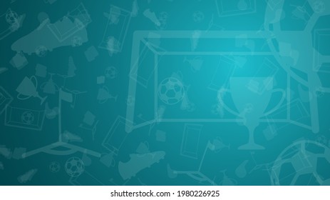 Abstract background with soccer elements for championship. Cup, goal, ball, football boots, flag on a blue background. Template 2021. Vector