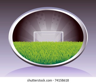 Abstract background with soccer field and goal in oval.