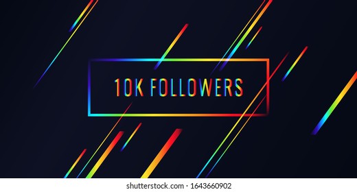 Antecedentes abstractos de un grupo social en Internet con la inscripción 10000 seguidores. Composición geométrica y líneas de arco iris dinámicas sobre un fondo oscuro.