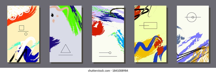 Abstract background for social media stories Place for an inscription Vector stock illustration Modern pattern with spots. A set of minimalistic backgrounds with shapes, lines and dots. bright colors