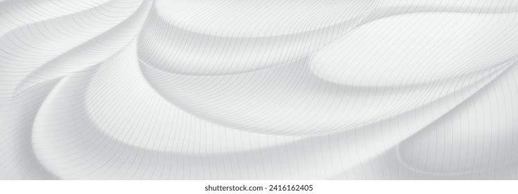 Abstract background of soft curved surfaces in white and gray tones covered with a grid of thin parallel lines