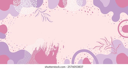 Abstract background with soft pastel shades of pink and purple, smooth lines, dots and leaves.