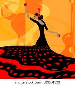 abstract background and Spanish dancer in red-black dress