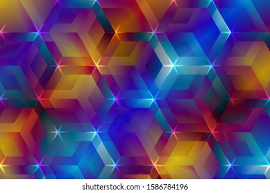 Abstract background of sparkling multi-colored figures, honeycombs