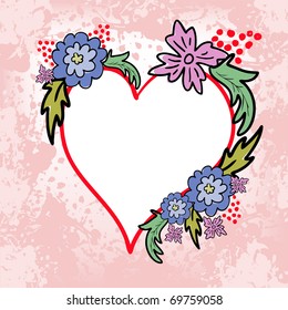 abstract background spattered with hand-drawn heart and bunches of flowers