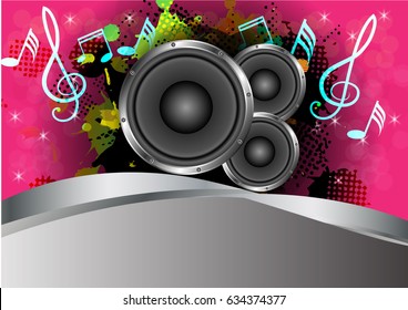 Abstract background, speakers and musical instruments are colorful and exciting with copy space
