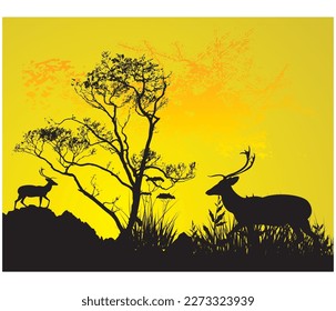 abstract background with speckled grass ornament and deer