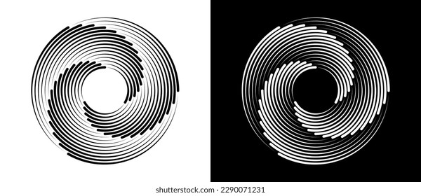 Resumen de fondo con líneas de velocidad. Diseño de semitono en círculos. Espiral creativa como logotipo o icono. Líneas negras sobre un fondo blanco y líneas blancas en el lado negro.