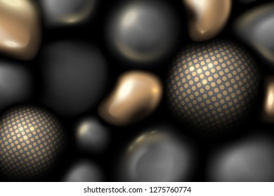 Abstract background with spheres in gold and black color, vector banner