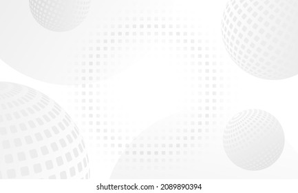 Abstract background with spheres and halftone squares. Grey and white backdrop