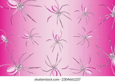Abstract background with spiders. Black widow spiders scattered on a pink background. The concept of poisonous animals